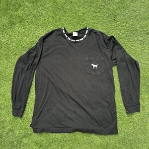 Victorias Secret VS Pink Long Sleeve Shirt Size Large Graphic Crew Neck Black‎